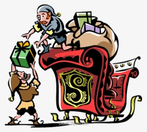 Elves Packing The Sleigh Royalty Free Vector Clip Art - Elves Packing Santa's Sleigh