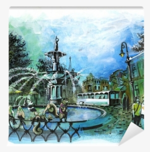 Savannah Georgia Beautiful Fountain Tourist Place Illustration - Illustration