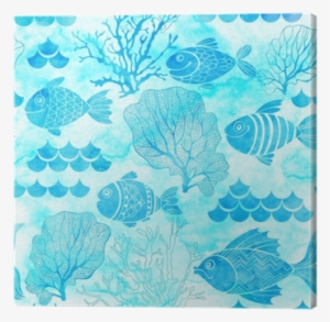 Seamless Watercolor Pattern With Fishes And Marine - Watercolor Painting