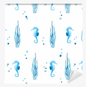 Watercolor Blue Seamless Pattern With Sea Horses And - Illustration