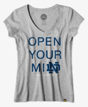 Women's Notre Dame Open Your Mind Newbury Vee - Life Is Good Women's Notre Dame Open Your Mind Newbury