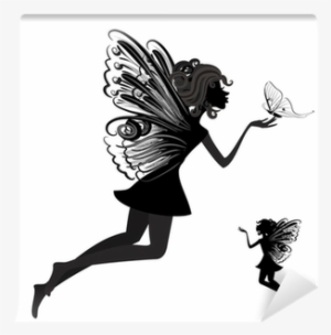 Silhouette Of A Fairy With Butterfly Wall Mural • Pixers® - Fairy Clip Art Black And White
