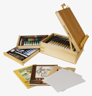 Wood Box Easel Painting Set 12 Tubes Of Oil Colors - 95 Piece Wood Box Easel Painting Set
