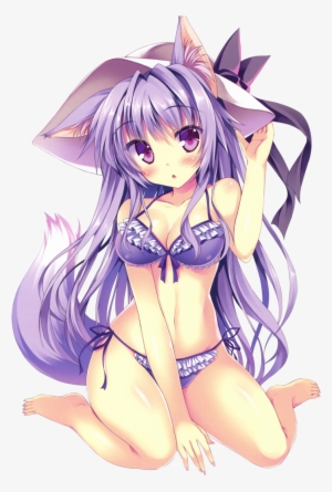 Neko In A Purple Swimsuit Sweet With