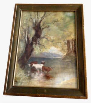 Cows Cooling Off In The River Under A Tree, Early 1900's - Picture Frame