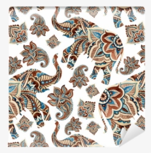 Watercolor Ethnic Elephant With Paisley Elements Background - Paisley Painted Elephants