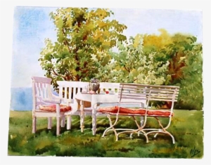 Original Signed Watercolour Of Table And Seating In - Hvidøre