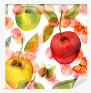 Seamless Pattern With Watercolor Apples And Butterflies - Watercolor Painting