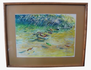 Vintage Watercolor On Paper Painting Of Stream In Fall - Watercolor Painting