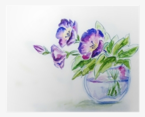 Spring Flowers In Vase, Watercolor Illustration Poster - Obraz Niebieski Kwiat 33 X 24 Cm