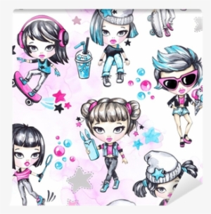 Watercolor Seamless Pattern With Fashion Teenagers - Design