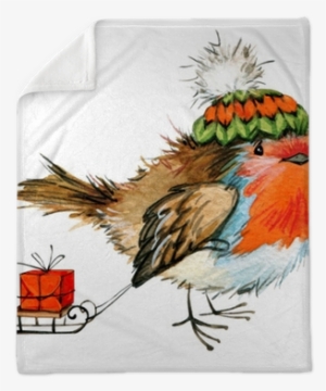 Christmas Bird Watercolor Illustration Plush Blanket - Lunch Napkins Finn And His Sled