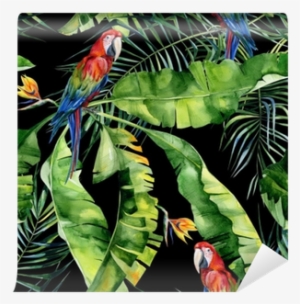 Seamless Watercolor Illustration Of Tropical Leaves, - Obrazy Na Płótnie Tropical Papugi