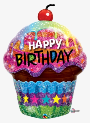 Dazzling Holographic Birthday Cupcake Balloon - Happy Birthday Cupcake Foil Mylar Balloon