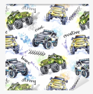 Watercolor Seamless Pattern Cartoon Monster Trucks - Car