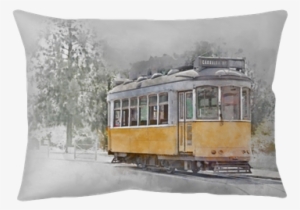 Yellow Tram In Lisbon, Portugal, Watercolor Throw Pillow - Yellow Tram Apartment Alfama, Lisbon