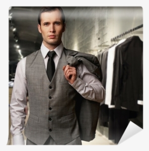 Businessman In Classic Vest Against Row Of Suits In - Black Neck Tie For Men - By Harvest Male