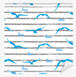 Seamless Striped Sea Pattern With Watercolor Seagulls - Watercolor Painting
