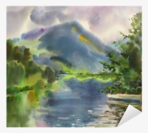 Mountain Lake Landscape Painted By Watercolor Sticker - Watercolor Painting