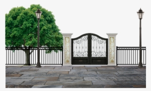 Park Entrance Gate Fence Pillars Lamps Pos - Puerta De Un Parque