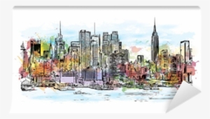 Watercolor Splash With Hand Drawn Sketch Of New York - Drawing