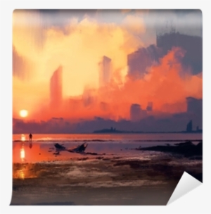 Man On Sea Beach Looking At Skyscrapers At Sunset,illustration