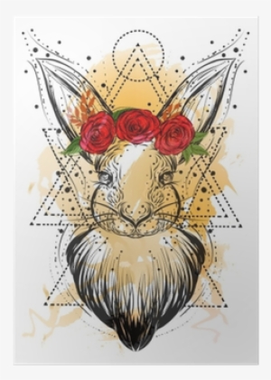 Bohemian Illustration With Hand Drawn White Rabbit - Ilustración Conejo Vintage