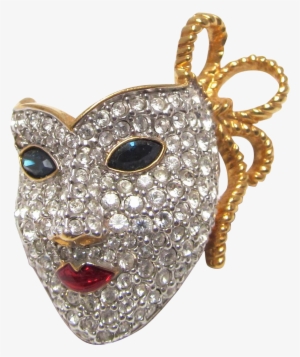 Swarovski Crystal Mardi Gras Mask Brooch Red Enamel - Mask