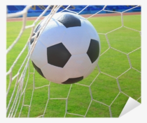 Soccer Football In Goal Net With Green Grass Field - Football