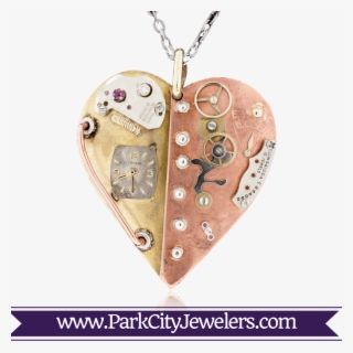 Sterling Silver, Copper Geared Steampunk Heart Necklace - Peridot And Diamond Halo Ring