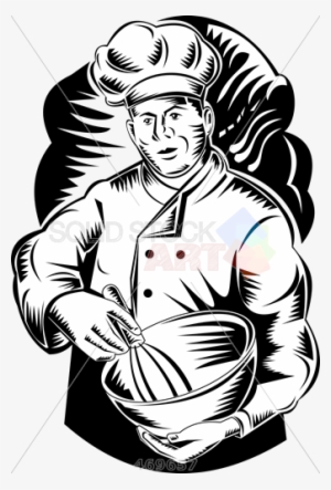 Stock Illustration Of Old Fashioned Cartoon Rendition - Greeting Card Universe Baker Chef Cook Mixing Bowl