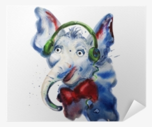 Watercolor Close Up Portrait Of Elephant In Headphones - Photograph