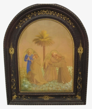 Fine Early Watercolor Of Angels With Monks Custom Gilded - Painting