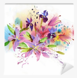 Floral Background With Watercolor Flowers Wall Mural - Acuarela Flores Vintage Png