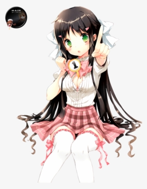 Brown Hair, Green Eyes, White-pink Dress - Chica Anime Sentada Png
