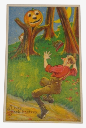 Vintage Halloween Postcard Pumpkin Tree Scares Man - Kürbislaterne-kürbis-monster-halbmond-mond Karte