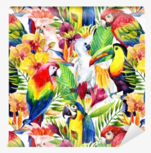 Watercolor Parrots With Tropical Flowers Seamless Pattern - Tropical Birds Pillow Case