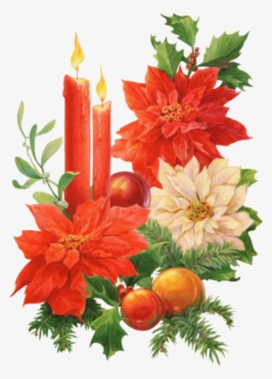 Candles And Poinsettias - Christmas Candle Vintage Png