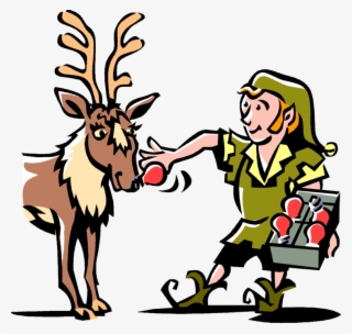 Elf Putting On Rudolph's Red Nose Royalty Free Vector