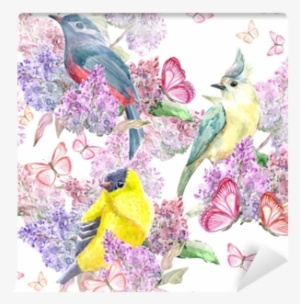 Nice Seamless Texture With Birds On Branch Flowering - Watercolor Painting