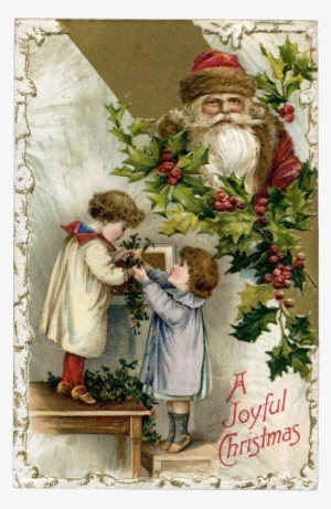 1910s Santa, Children Hanging Holly Berry Garland, - Vintage Christmas Santa Claus Oval Ornament