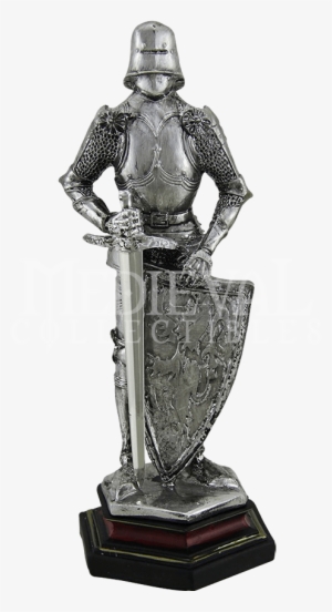 Silver Knight With Sword And Shield Statue - Zeckos Medieval Knight In Armor Standing Holding Sword