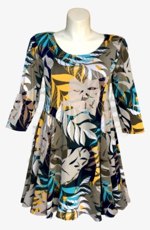 Contemporary Leaf Print Dress In Gold Taupe Green Navy - Dress