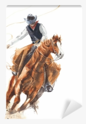 Cowboy Riding A Horse Ride Calf Roping Watercolor Painting - Cowboy Riding Horse Painting
