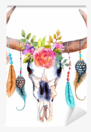 Watercolor Bull Skull With Flowers And Feathers Wall - Bohemian Cow Skull Png