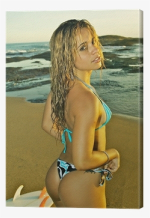 Sexy Blond Bikini Model Surfer On The Beach Surfboard - Bikini