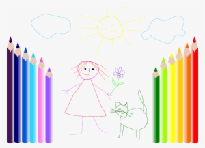 Cat, Drawing, Girl, Kids, Sun, Colors, Pet, Pencils