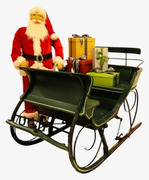 Santa Claus Puppet Next To Sleigh - Dog Reindeer Pulling Sleigh