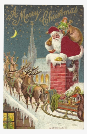 Red Robed Santa Claus Chimney Reindeer Sleigh Roof - Old School Christmas Cards