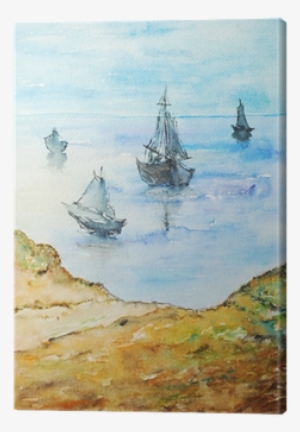 Watercolor Painting, Boats On The Shore Canvas Print - Painting